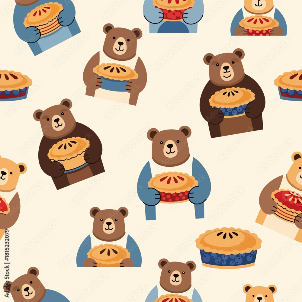 Obraz premium Cute Bears Holding Delicious Homemade Pies Seamless Pattern. Vector Illustrations. EPS Editable