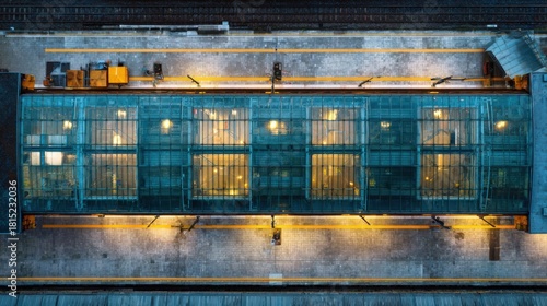 Aerial View of Modern Train Station with Glass Canopy and Urban Landscape at Night