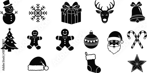 Black and white Christmas icons set, snowman, snowflake, gift box, reindeer head, bell, Christmas tree, gingerbread, ornament, Santa, candy canes, stocking