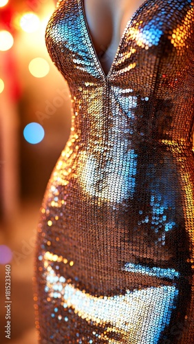 Close-up of a stunning figure in a shimmering gold sequin gown, perfect for a glamorous New Year's Eve party or festive holiday celebration