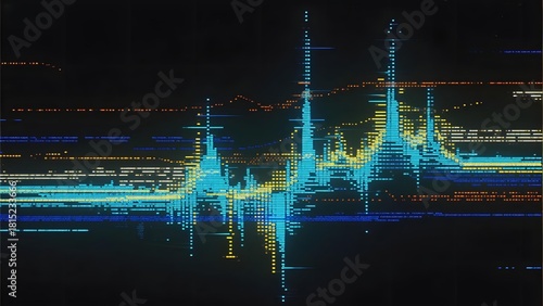 Digital waveform visualization with colorful peaks and data streams on a dark background