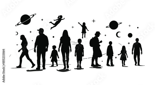 Diverse group of people silhouetted against a whimsical cosmic backdrop with planets and stars