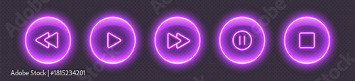 Neon media player buttons. Purple glowing glossy audio control icons. Interface elements for music or video streaming service. Vector illustration.