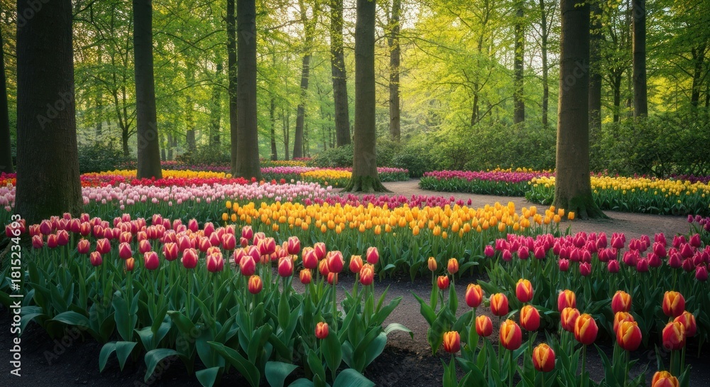 Fototapeta premium Rows of colorful tulips bloom beneath tall trees on a winding path