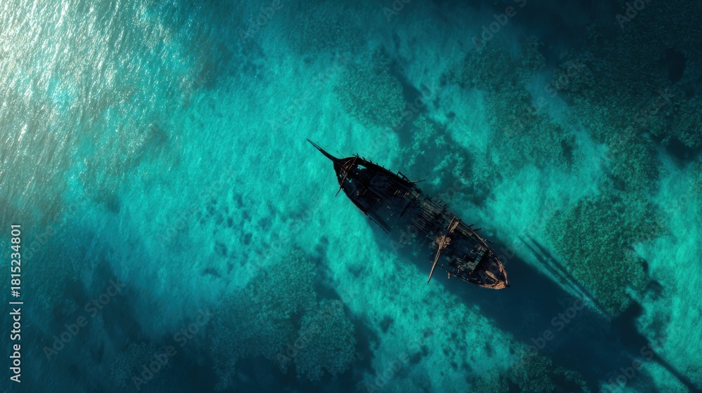 Obraz premium Aerial View of Old Shipwreck in Crystal Clear Turquoise Water Surrounded by Coral Reef Under Bright Sunlight