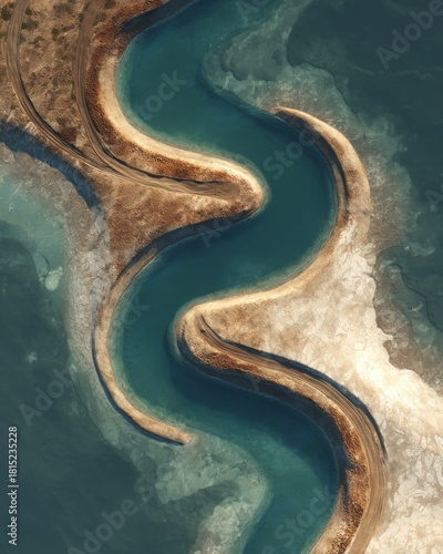 Aerial View of Meandering River Through Desert Landscape with Curved Shores and Clear Water in Serene Environment