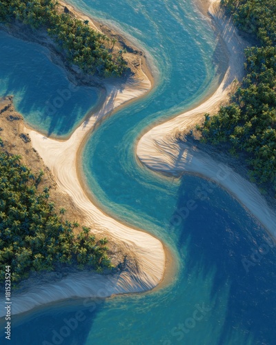 Serene Aerial View of Meandering River with Tropical Palm Trees and Sandy Banks Under Bright Blue Sky