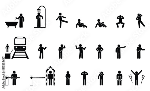 stick figure people pictogram, set of human silhouettes, man icon, various poses, gestures and movements