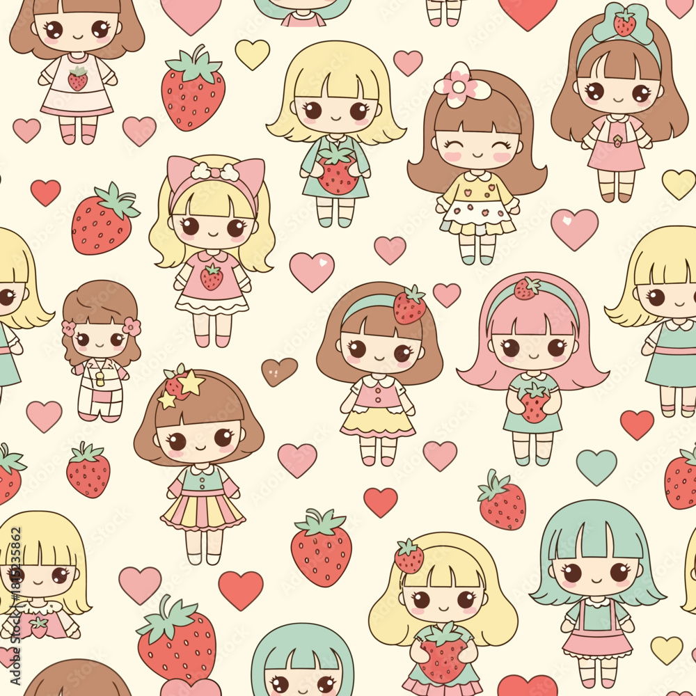 Fototapeta premium Cute Kawaii Girls and Strawberries Seamless Pattern 12. Vector Illustrations. EPS Editable