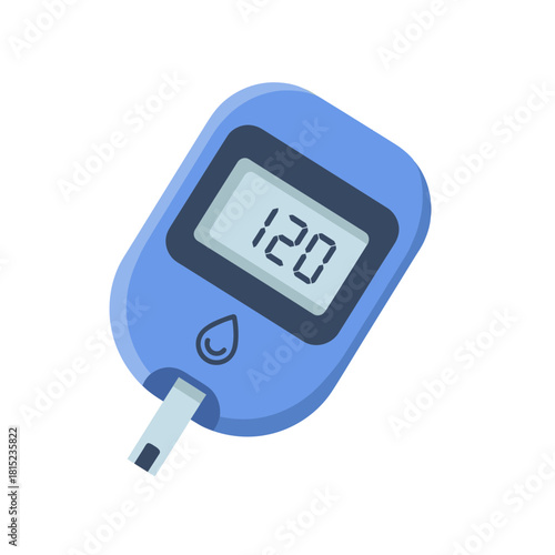 A digital glucometer icon for diabetes management, showing a blood sugar level of 120. A medical device for monitoring glucose, isolated on a white background