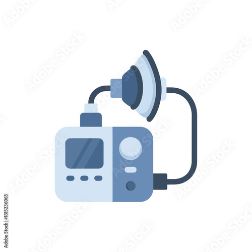 Flat icon of a portable medical ventilator with a mask for respiratory therapy, symbolizing breathing support and critical care equipment