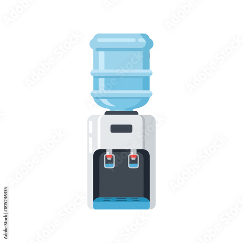 Modern freestanding water cooler with a large blue bottle on top, dispensing hot and cold water