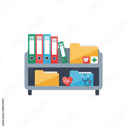 Healthcare administration concept with organized medical documents, patient charts, and health records in folders on a shelf