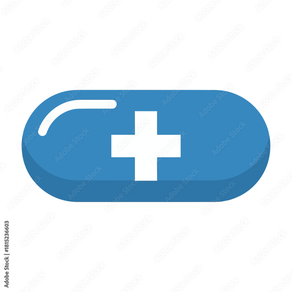 Fototapeta premium Blue capsule with white cross symbol representing healthcare, medicine, and emergency aid
