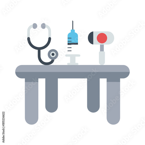 Medical Examination Tools Stethoscope, Syringe, and Reflex Hammer on a Table Icon