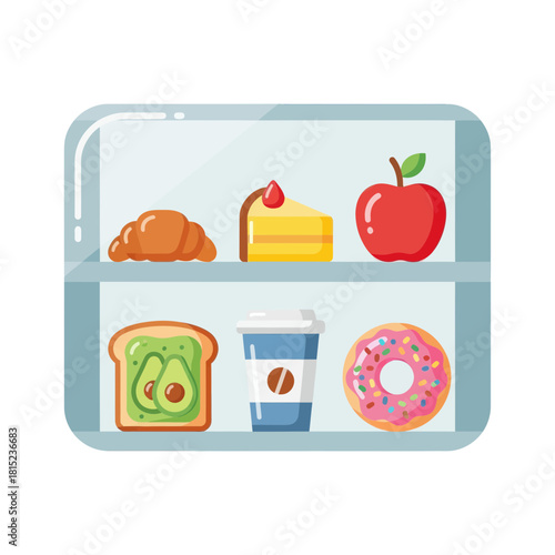 Refrigerator full of food, including pastries, coffee, fruit, and snacks, ready to eat and enjoy