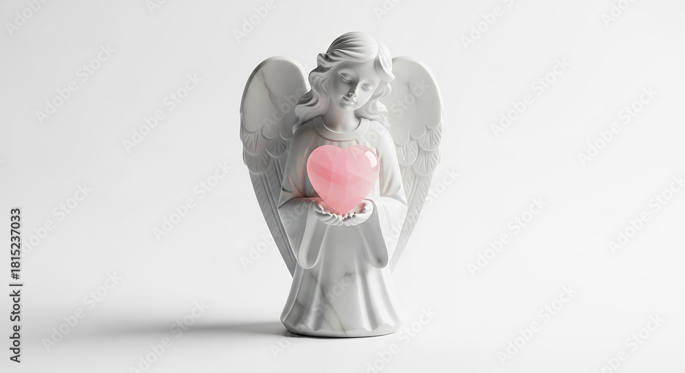 Fototapeta premium White Angel Statue Holding Glowing Pink Heart on White Background
