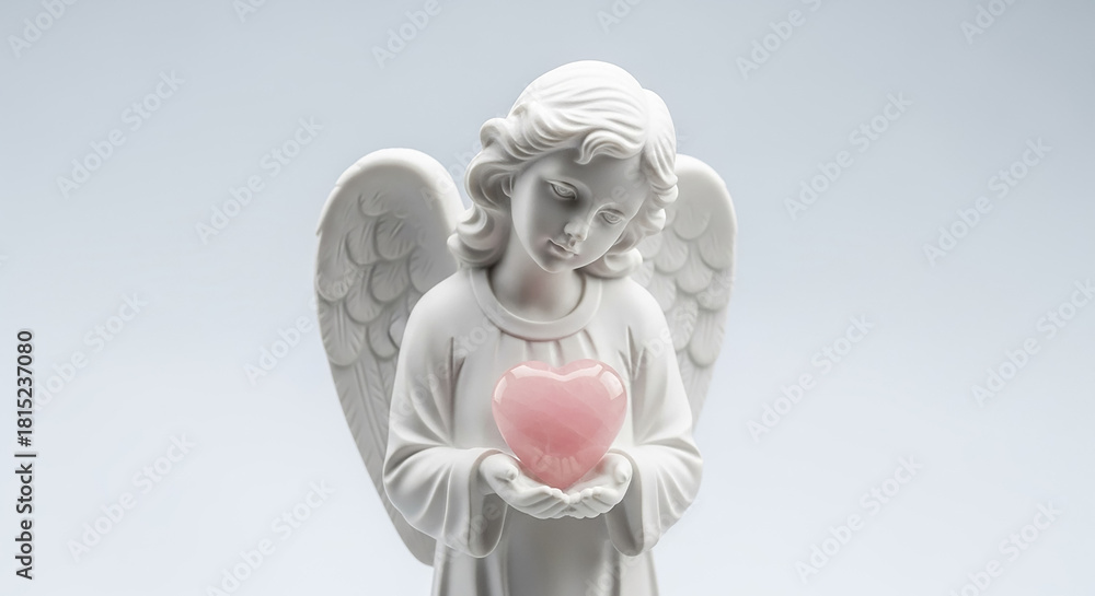 Obraz premium White Angel Figurine Holding Pink Rose Quartz Heart