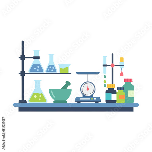 Modern flat design illustration of a science laboratory bench, featuring essential chemistry glassware, scale, mortar, pestle, and solution bottles, symbolizing research and experiment