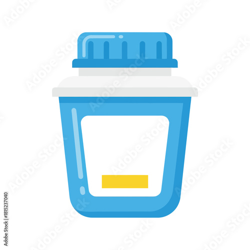 Generic flat design illustration of a vibrant blue bottle with a white label and cap, suitable for representing medication, vitamins, healthcare supplements, or laboratory chemical containers