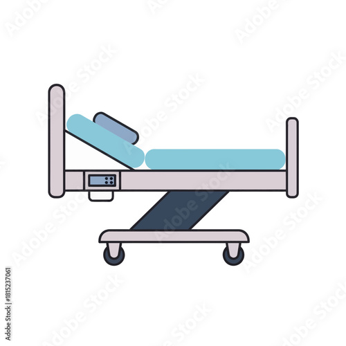 Flat design vector illustration of an adjustable hospital bed, a symbol of medical care, patient recovery, and healthcare services
