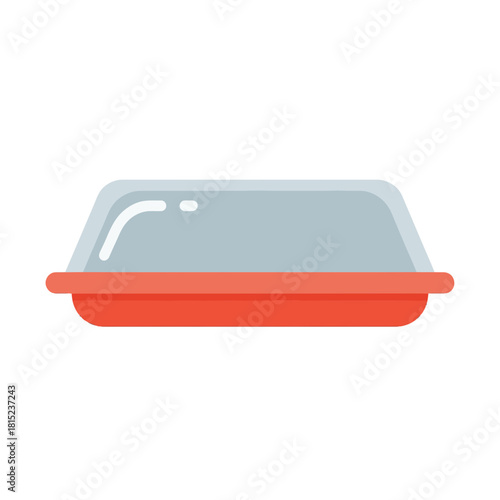 A flat vector icon illustration of a red plastic food container with a transparent lid, ideal for takeaway meals, lunch boxes, or food storage