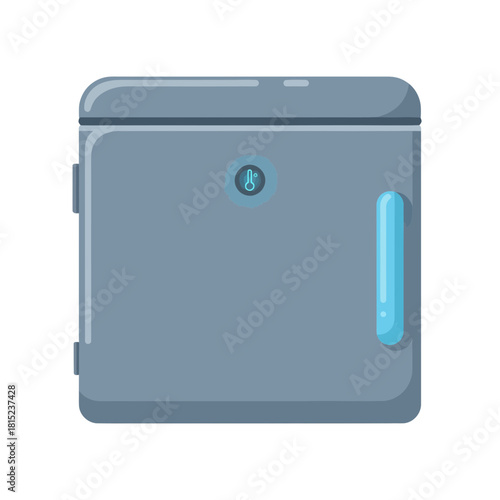 A stylized illustration of a modern gray locker with a blue handle and a small circular symbol, isolated on a white background, perfect for design projects