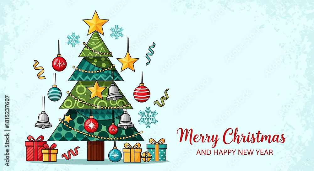 Fototapeta premium Christmas Tree with Decorations and Gifts, Holiday Greeting Card