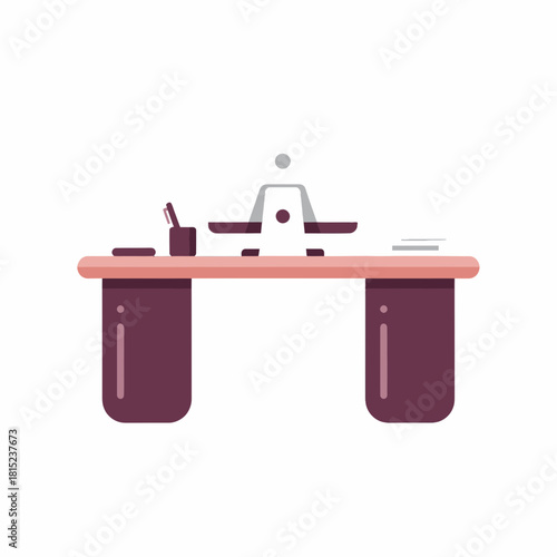Flat design vector illustration of a modern office desk with a computer and supplies, representing a creative workspace or home office setup