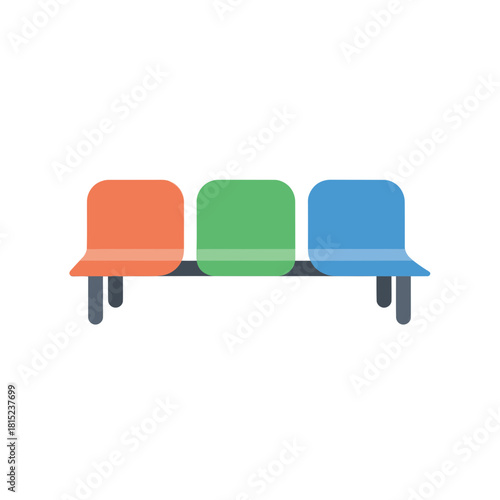 A flat vector icon of a modern waiting room bench featuring three empty, colorful seats in a row, isolated on a white background