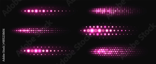 Pink halftone shapes, glowing dynamic elements made from sparkling dots. Glowing vector illustration with spray effect.