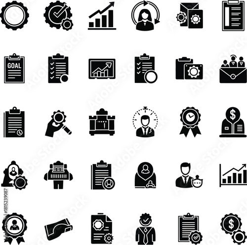 Business and finance vector icon set, black computer web symbols for internet communication and bank illustration