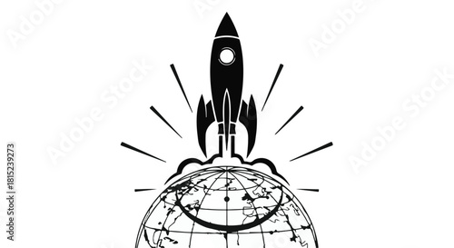 Rocket launching from globe symbolizing global exploration and innovation