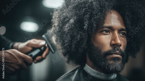 Afro hairstyle grooming with electric clipper and comb, man with curly hair and beard in barbershop focused on haircut