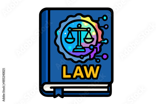 A vibrant and modern flat outline illustration of a law book featuring scales of justice, perfect for legal, educational, or informative purposes.	