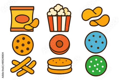 A colorful and eye-catching illustration featuring a variety of popular snack and sweet food items, perfect for menus, packaging, or promotional materials