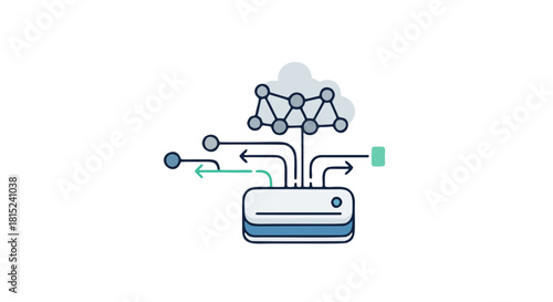 A simple line art illustration of a data cloud connecting to a router and other devices. The illustration is clean and minimalist, perfect for use in a variety of projects.	