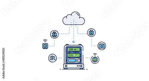 This illustration features a modern, futuristic design of a cloud computing system with virtual machine elements. The design incorporates a cloud shape, circuit board patterns, and abstract tech