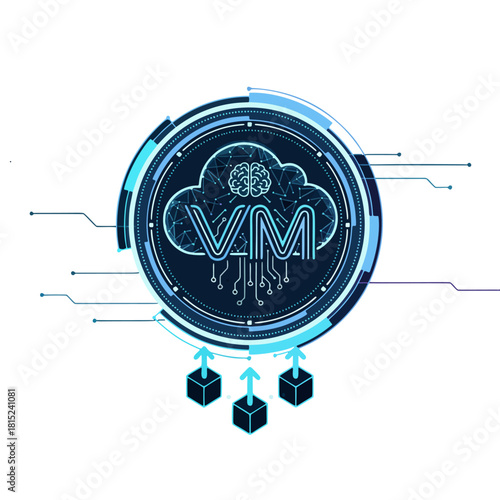 This illustration features a modern, futuristic design of a cloud computing system with virtual machine elements. The design incorporates a cloud shape, circuit board patterns,