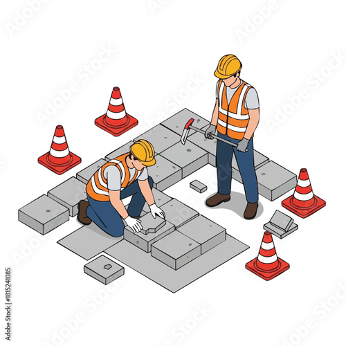 Two construction workers are carefully laying paving stones on a job site, demonstrating teamwork and precision in an isometric illustration.