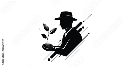 Farmer thoughtfully holds a young plant, symbolizing growth and new beginnings in a stylized design.