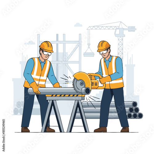 Two dedicated construction workers in safety gear expertly cut a metal pipe using a powerful chop saw at an active building site.