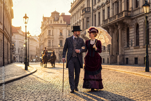 Victorian couple in golden light - a well-dressed Victorian couple, the woman with a parasol, walks down a sunlit cobblestone street in a European city.