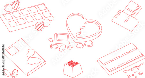 Outlined Chocolate Assortment Heart Box, Chocolate Bars, Chocolate Pieces, and Hazelnuts on a White Background
