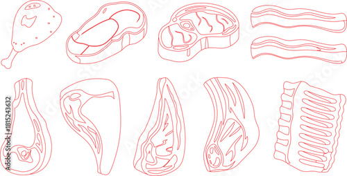 Outlined Meat Cuts Illustration Chicken Leg, Steaks, Pork Chops, Bacon, and Ribs in Red