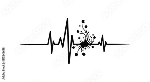 Abstract pulse line with organic floral growth symbolizing life and vitality.
