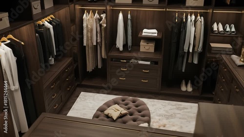 Wallpaper Mural A luxurious, spacious walk-in closet with dark wood cabinetry, various clothes & a padded ottoman Torontodigital.ca