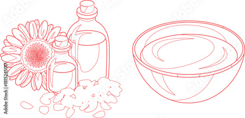 Outlined Sunflower Oil Bottles, Petals, and Bowl of Oil, Red Illustration