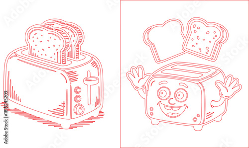 Outlined Toaster with Toast and Animated Toaster Character with Toast, Red on White Background