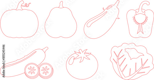 Outlined Vegetables Illustration Pumpkin, Pear, Eggplant, Pepper, Cucumber, Tomato, and Lettuce Drawing in Red Lines